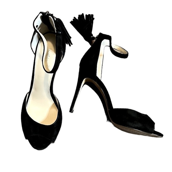 Women’s Botkier Peep Toe Heels Size 8 Black Suede Zip Back Tassels - Picture 1 of 5